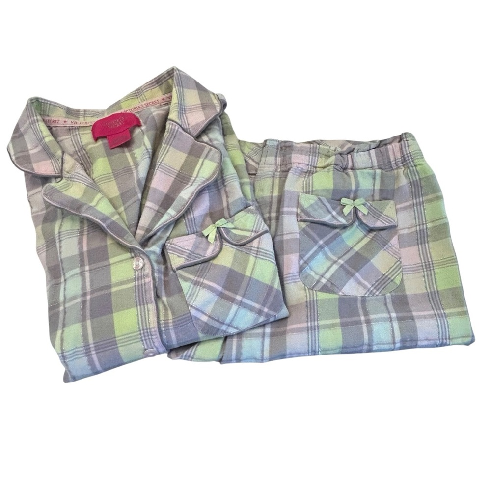 Victoria's Secret XS Purple Green Plaid Pajamas Pants Top Silver Accents 💜💚